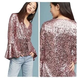 Anthropologie moulinette soeurs shiny rose pink sequin bell sleeve vneck blouse